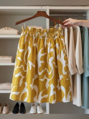 Mustard Yellow Printed Midi Skirt with Elastic Waist